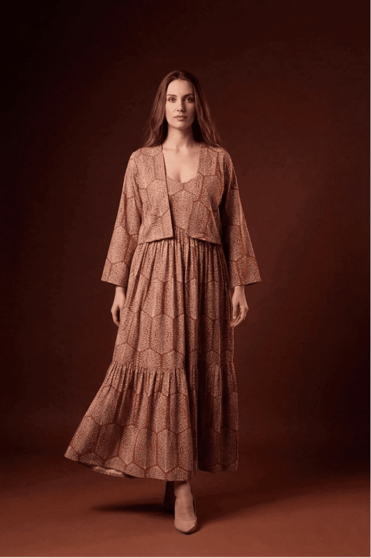 Rust Floral Printed Tiered Maxi Dress with Shrug - The Bebla