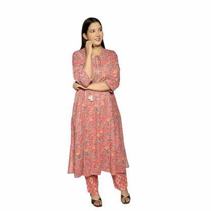 Rust Pink Printed Straight Kurta Along With Pants - The Bebla