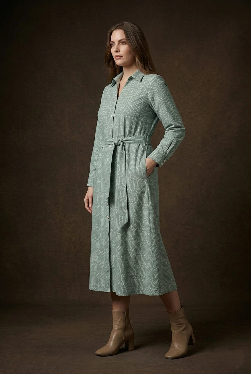 Sage Green Geometric Printed Tie - Up Midi Shirt Dress - The Bebla