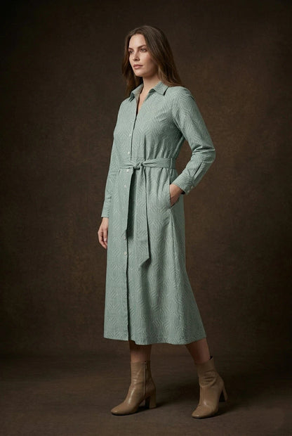 Sage Green Geometric Printed Tie - Up Midi Shirt Dress - The Bebla