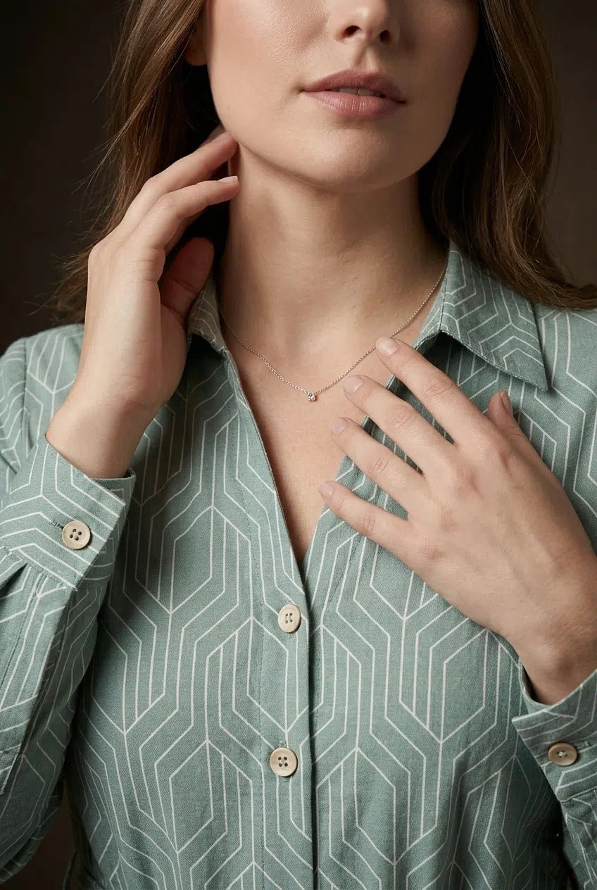 Sage Green Geometric Printed Tie - Up Midi Shirt Dress - The Bebla