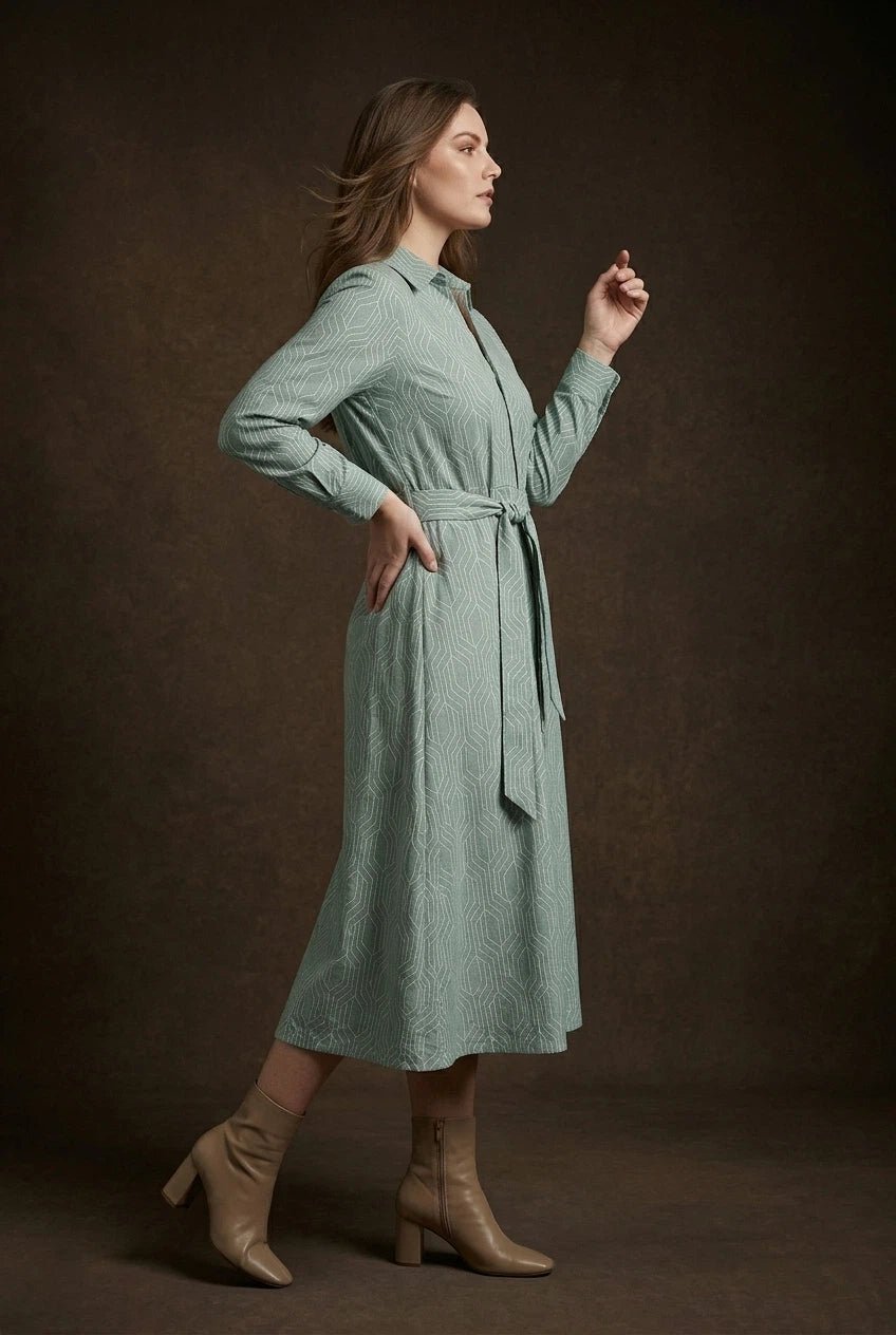 Sage Green Geometric Printed Tie - Up Midi Shirt Dress - The Bebla