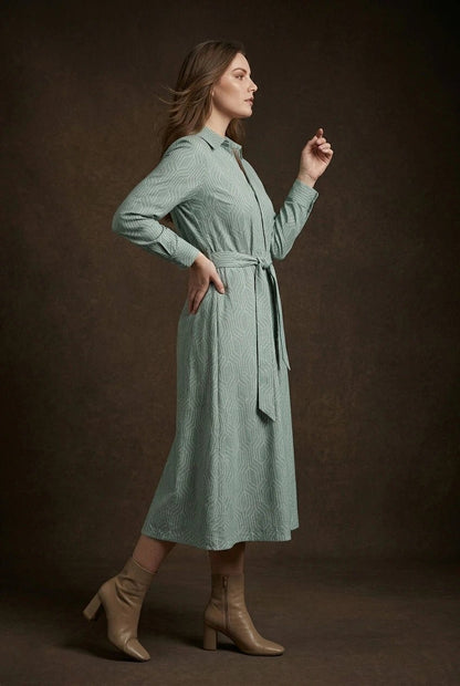 Sage Green Geometric Printed Tie - Up Midi Shirt Dress - The Bebla
