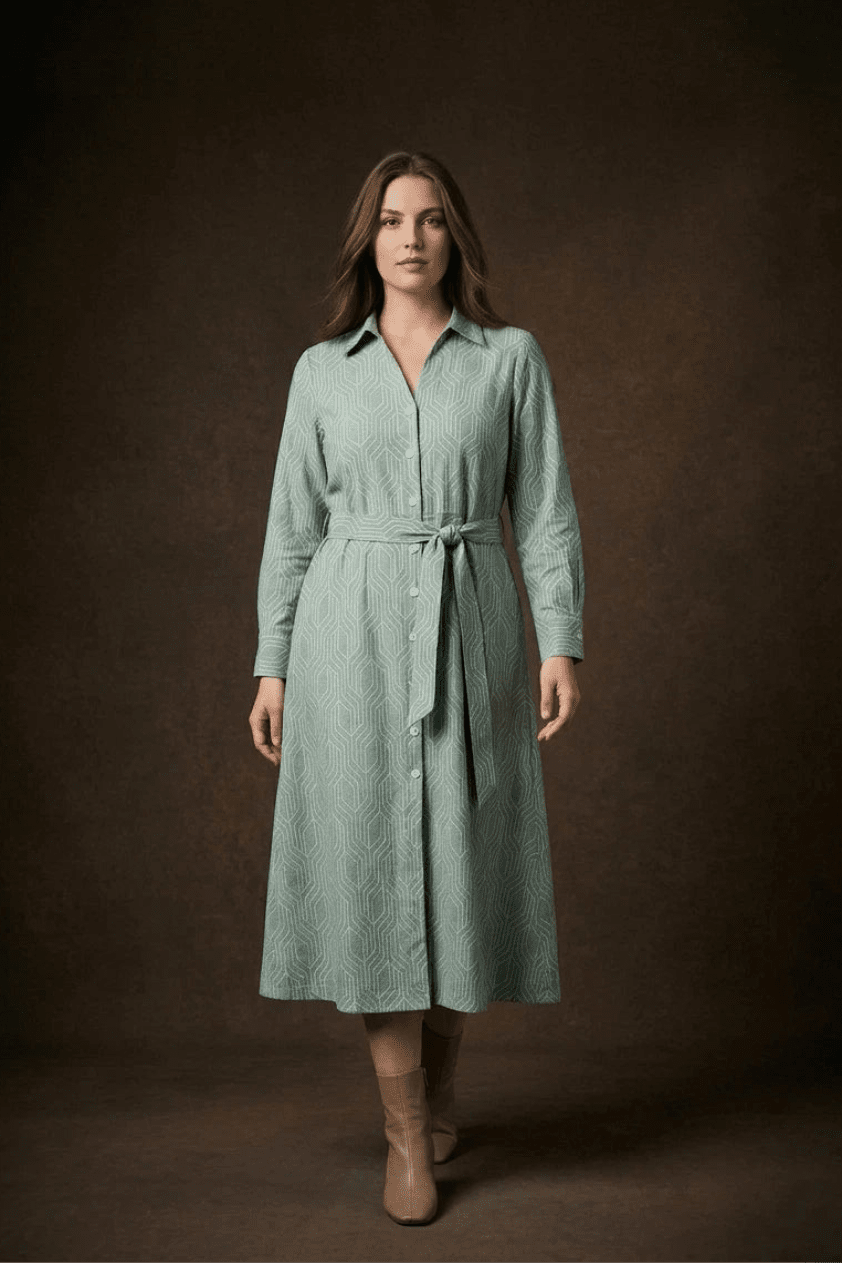 Sage Green Geometric Printed Tie - Up Midi Shirt Dress - The Bebla