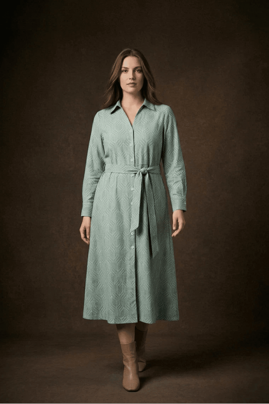 Sage Green Geometric Printed Tie - Up Midi Shirt Dress - The Bebla