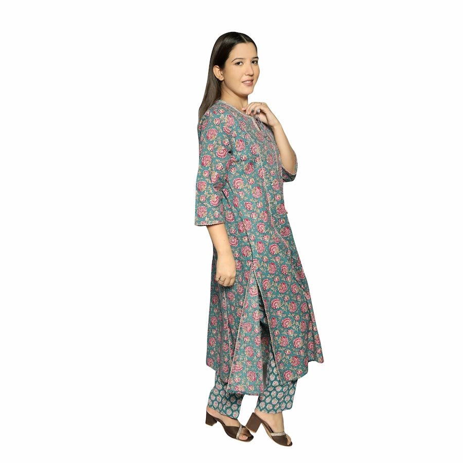 Sea Green Printed Straight Kurta Along With Pants - The Bebla