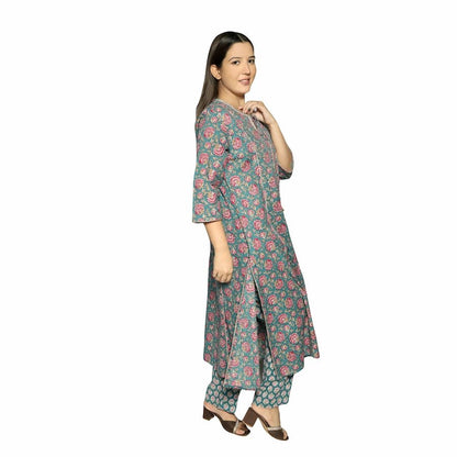 Sea Green Printed Straight Kurta Along With Pants - The Bebla