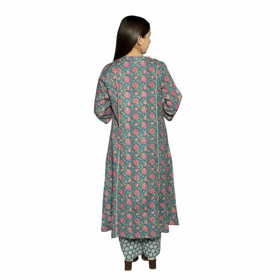 Sea Green Printed Straight Kurta Along With Pants - The Bebla