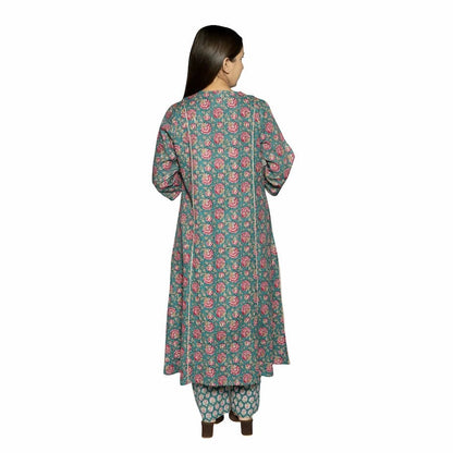 Sea Green Printed Straight Kurta Along With Pants - The Bebla