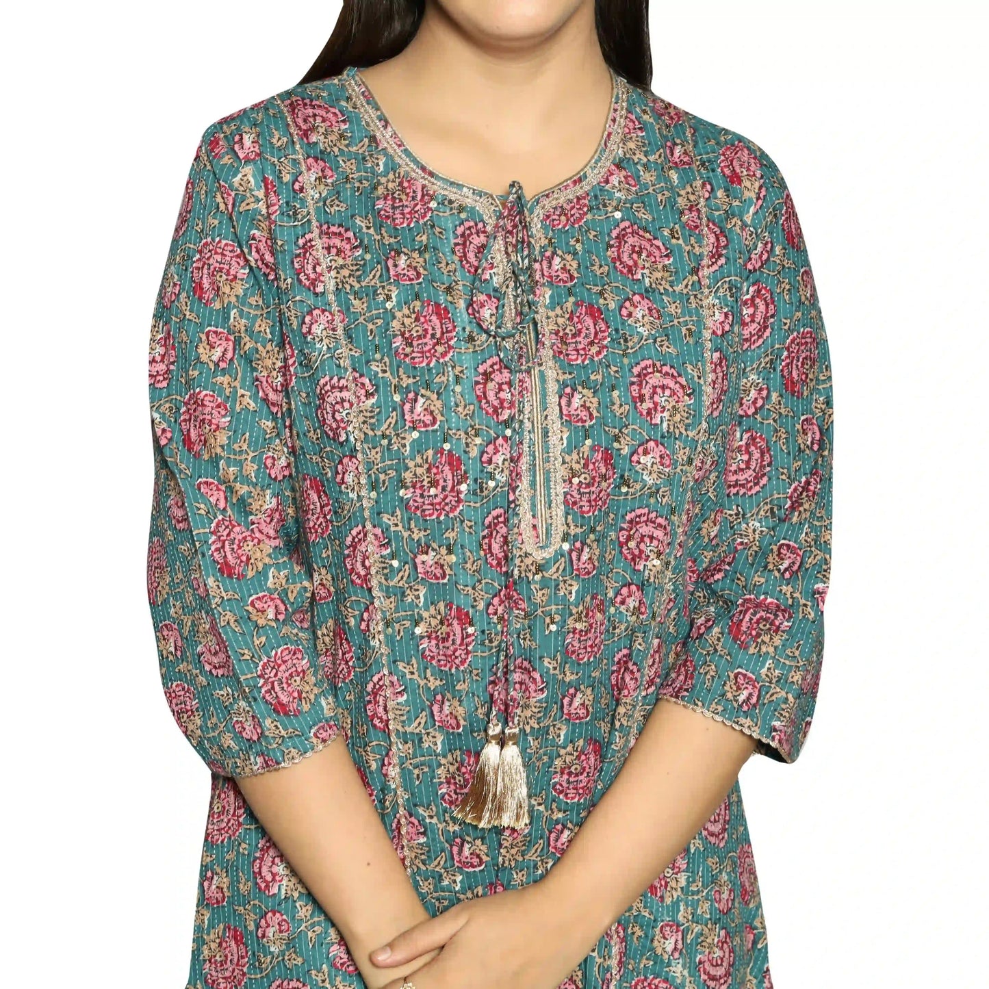 Sea Green Printed Straight Kurta Along With Pants - The Bebla