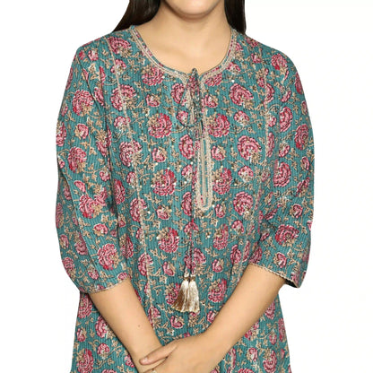 Sea Green Printed Straight Kurta Along With Pants - The Bebla