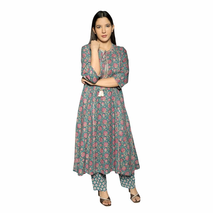 Sea Green Printed Straight Kurta Along With Pants - The Bebla