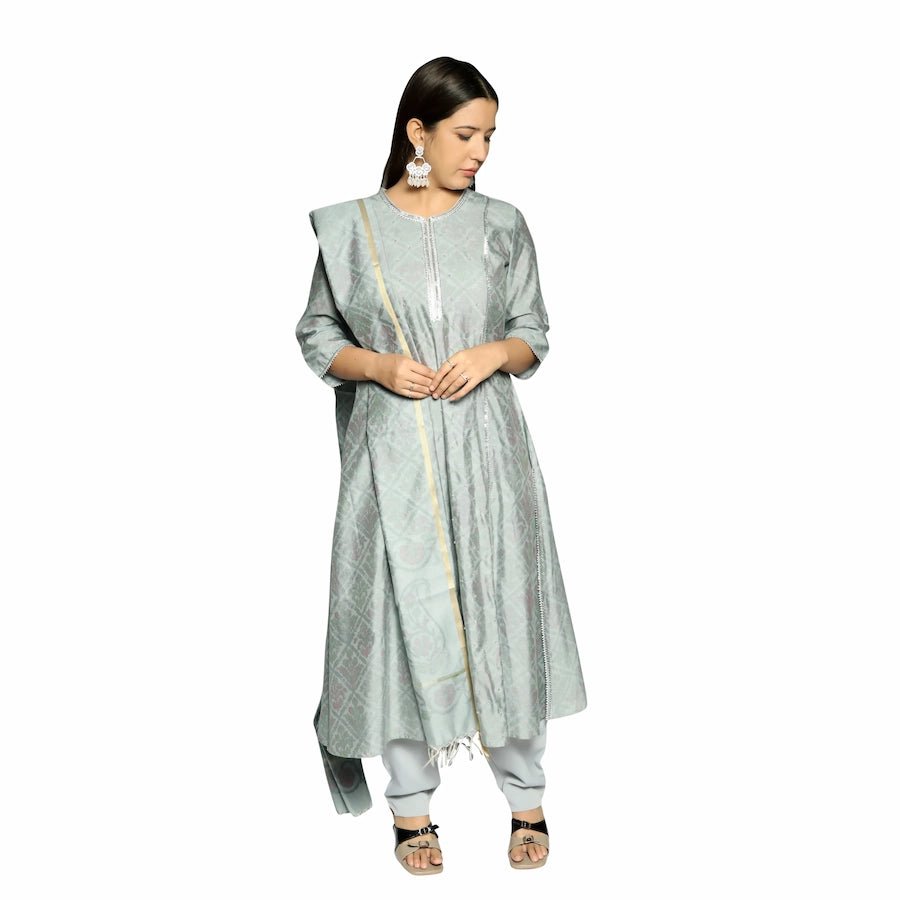 Silver Grey 3D Printed Kurta Along With Printed Dupatta And Solid Pants - The Bebla