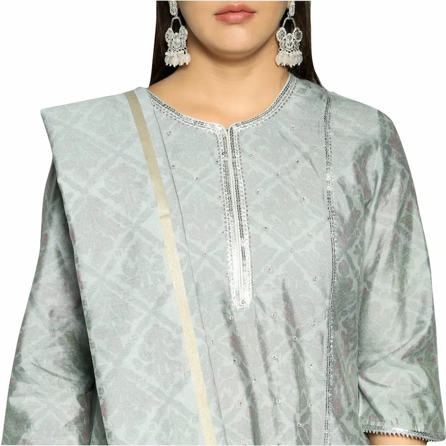 Silver Grey 3D Printed Kurta Along With Printed Dupatta And Solid Pants - The Bebla