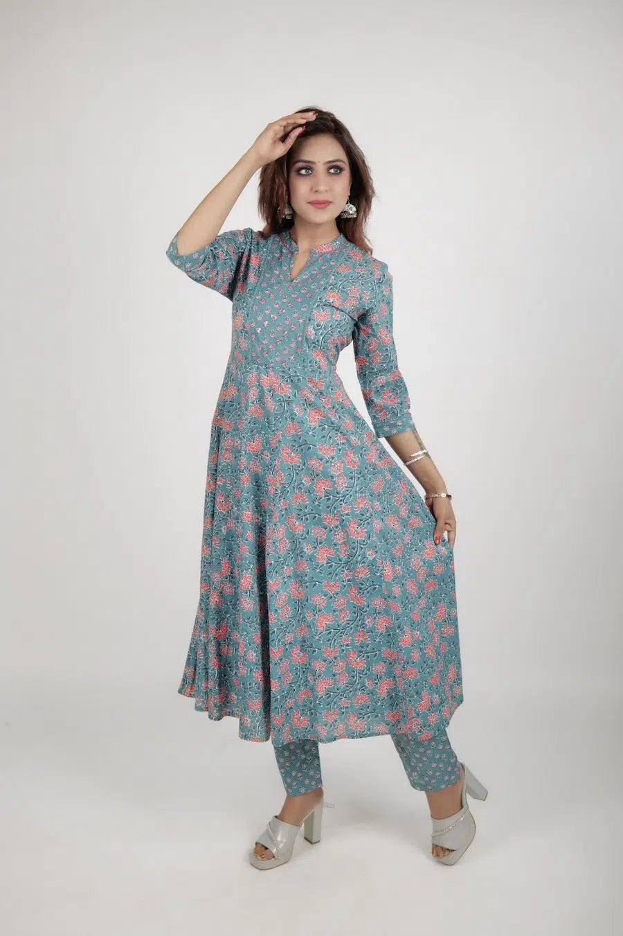 Sky Blue Printed Straight Kurta along with pants - The Bebla