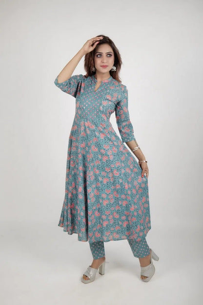 Sky Blue Printed Straight Kurta along with pants - The Bebla