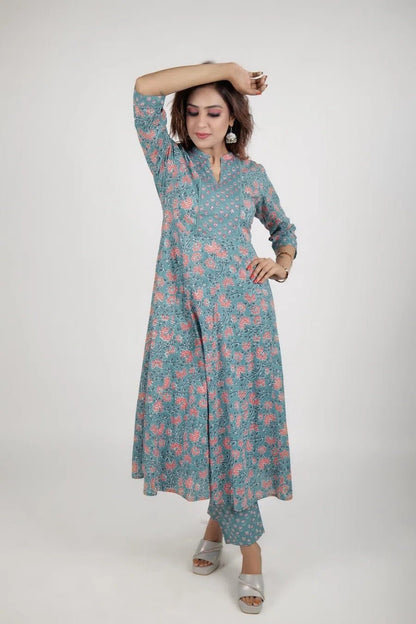 Sky Blue Printed Straight Kurta along with pants - The Bebla