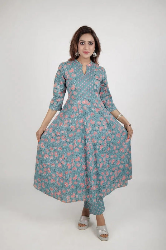 Sky Blue Printed Straight Kurta along with pants - The Bebla