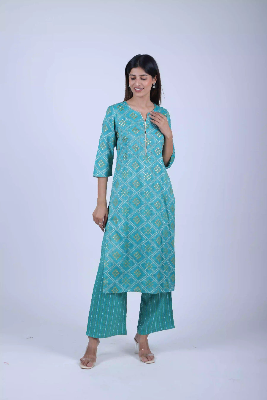 Skyblue Priented Straight Kurta Along With Printed Pants - The Bebla