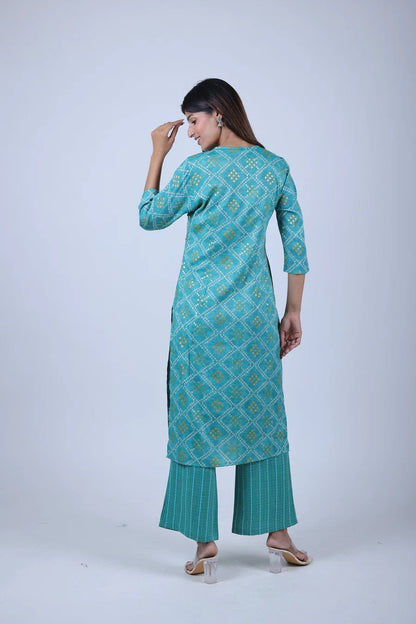 Skyblue Priented Straight Kurta Along With Printed Pants - The Bebla