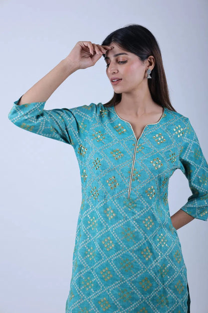 Skyblue Priented Straight Kurta Along With Printed Pants - The Bebla