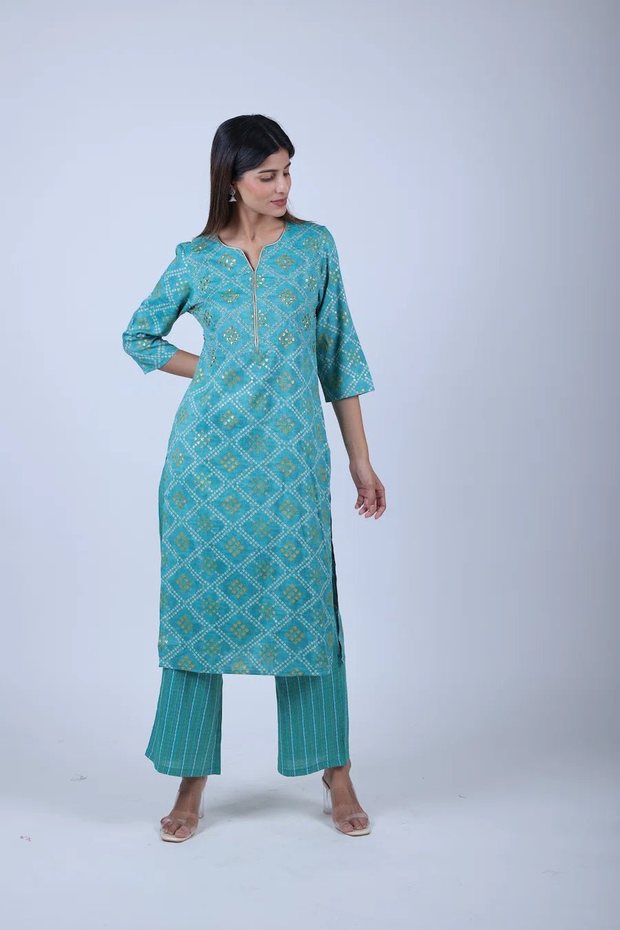 Skyblue Priented Straight Kurta Along With Printed Pants - The Bebla