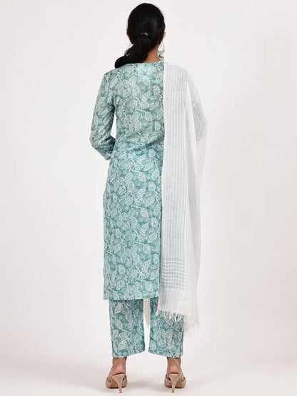 Skyblue printed kurta set with with White dupatta - The Bebla