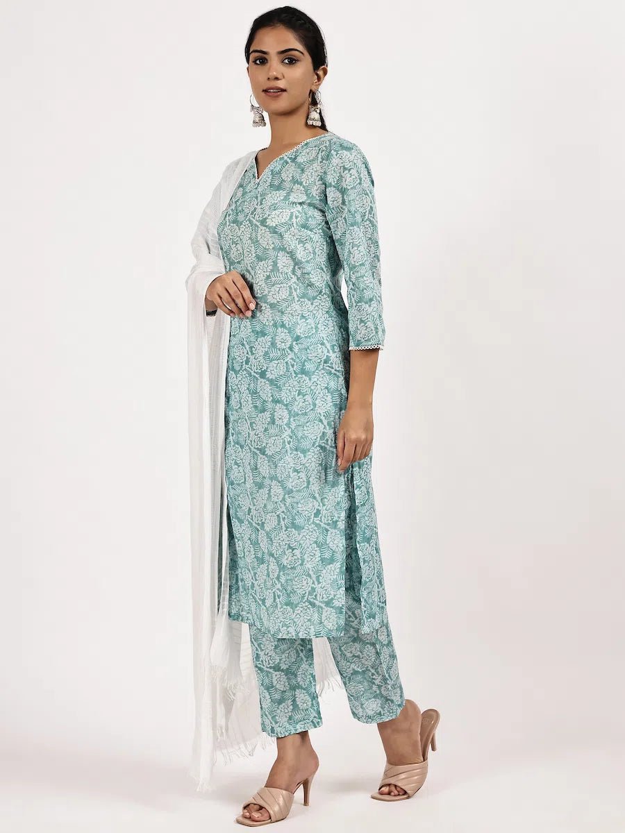 Skyblue printed kurta set with with White dupatta - The Bebla