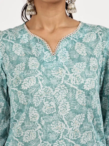 Skyblue printed kurta set with with White dupatta - The Bebla