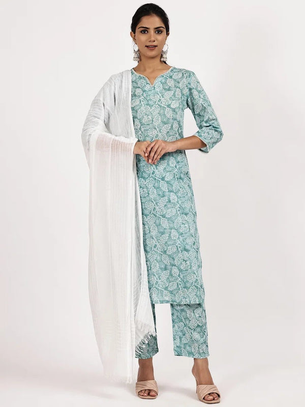Skyblue printed kurta set with with White dupatta