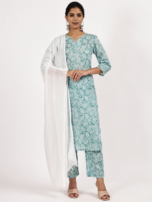 Skyblue printed kurta set with with White dupatta - The Bebla