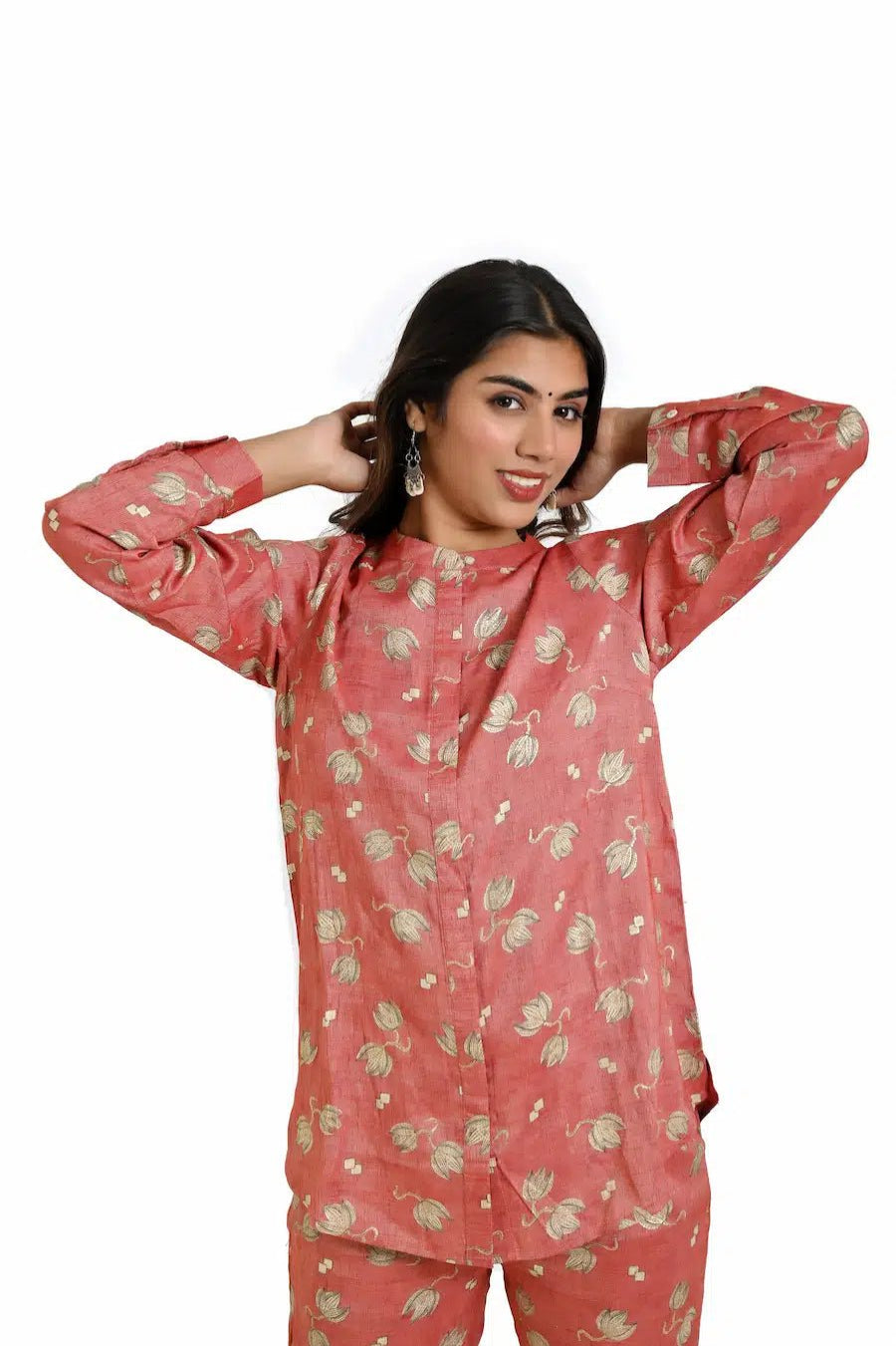 Terracotta Pink Co - Ord Set with Golden Floral Accents - The Bebla