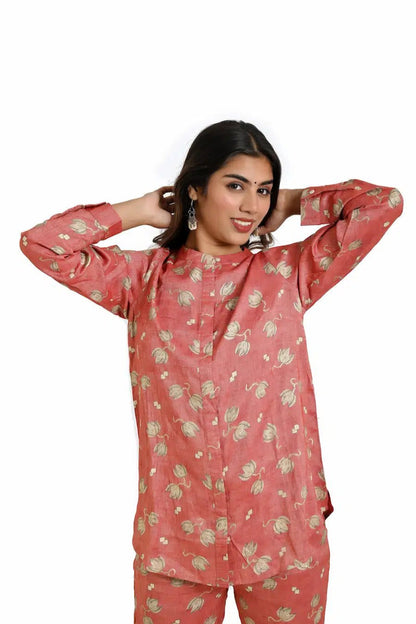 Terracotta Pink Co - Ord Set with Golden Floral Accents - The Bebla
