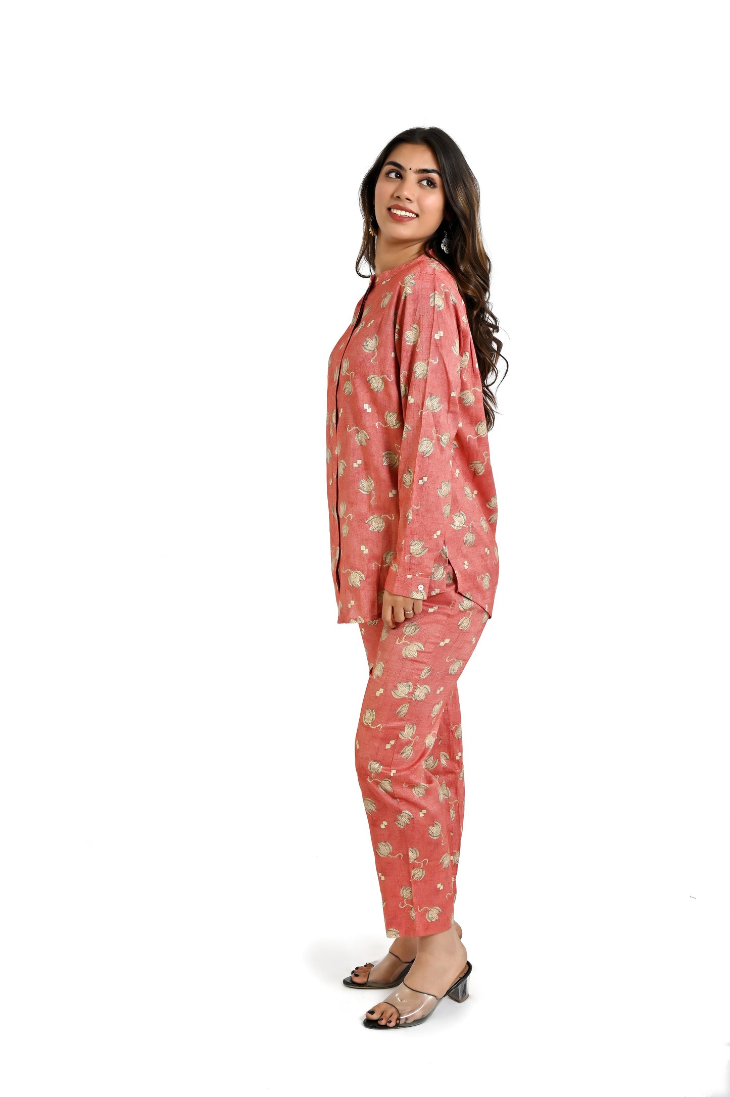 Terracotta Pink Co - Ord Set with Golden Floral Accents - The Bebla