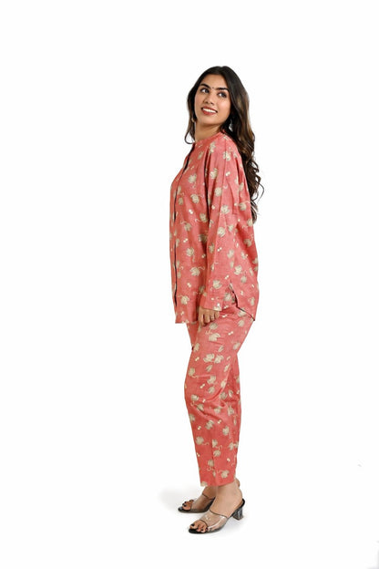 Terracotta Pink Co - Ord Set with Golden Floral Accents - The Bebla