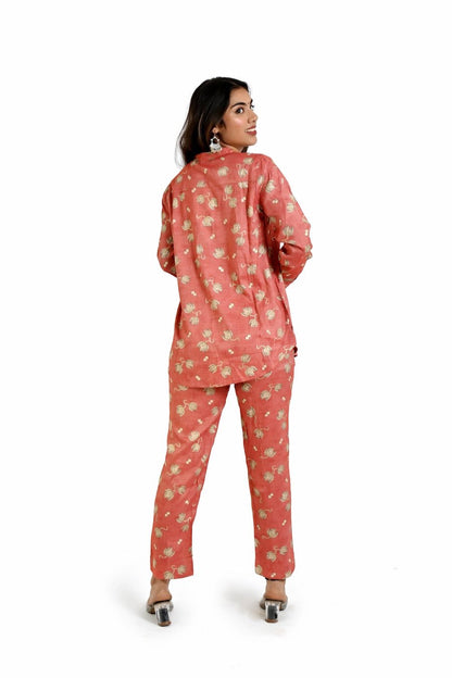 Terracotta Pink Co - Ord Set with Golden Floral Accents - The Bebla