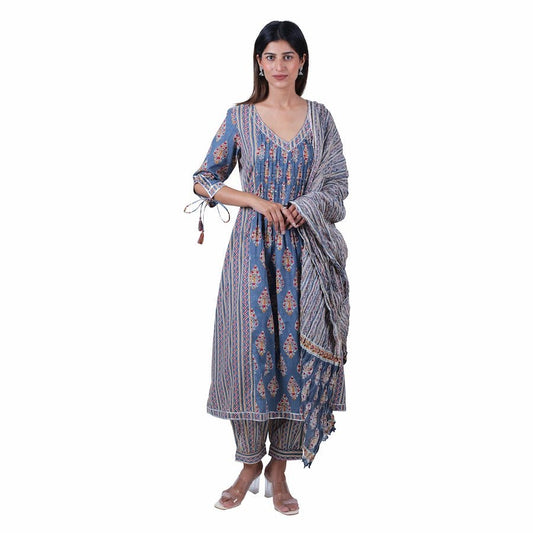 Three Piece Grey Printed Straight Kurta Set for Women with Dupatta and Pants - The Bebla