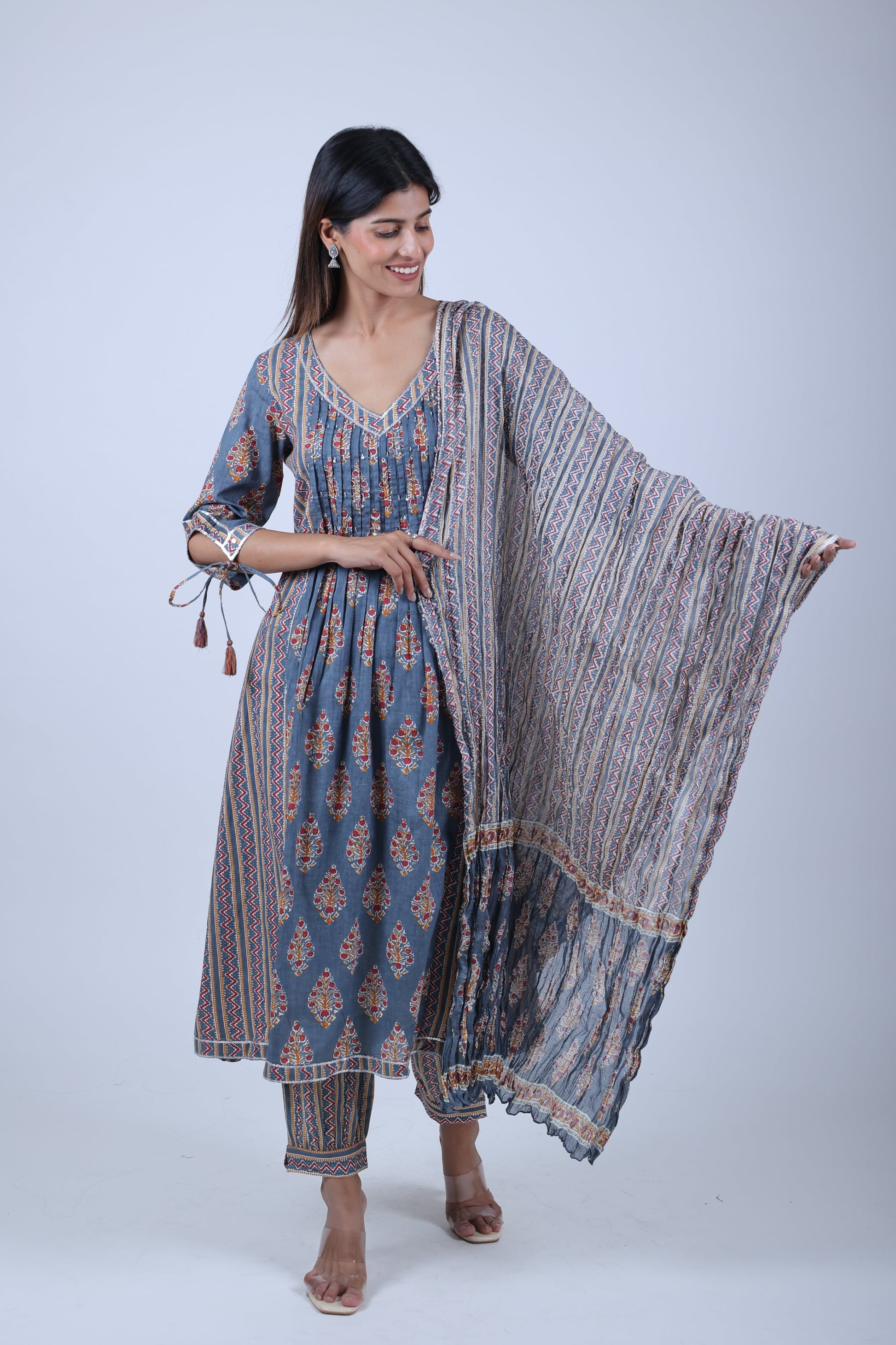 Three Piece Grey Printed Straight Kurta Set for Women with Dupatta and Pants - The Bebla