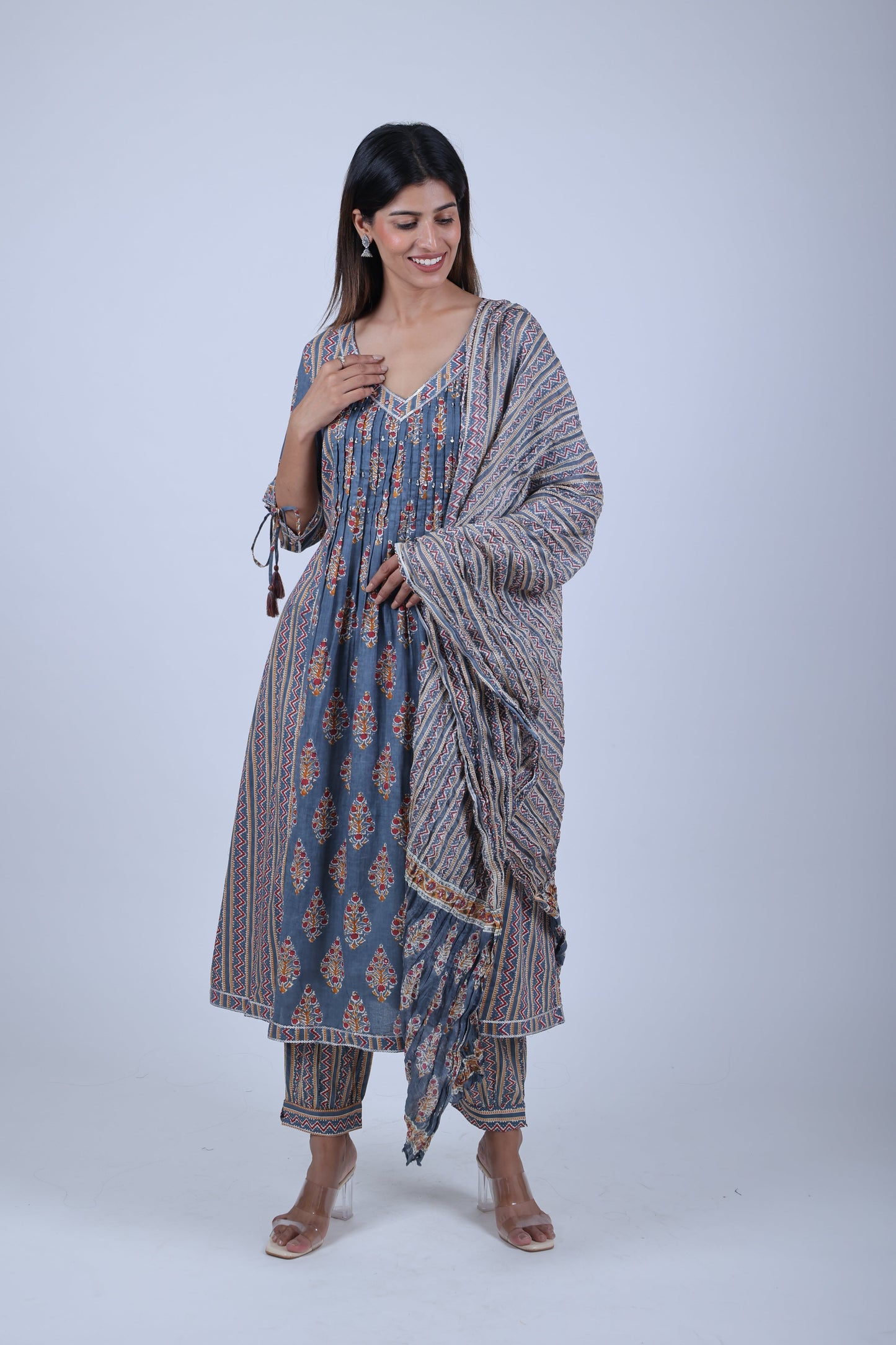 Three Piece Grey Printed Straight Kurta Set for Women with Dupatta and Pants - The Bebla