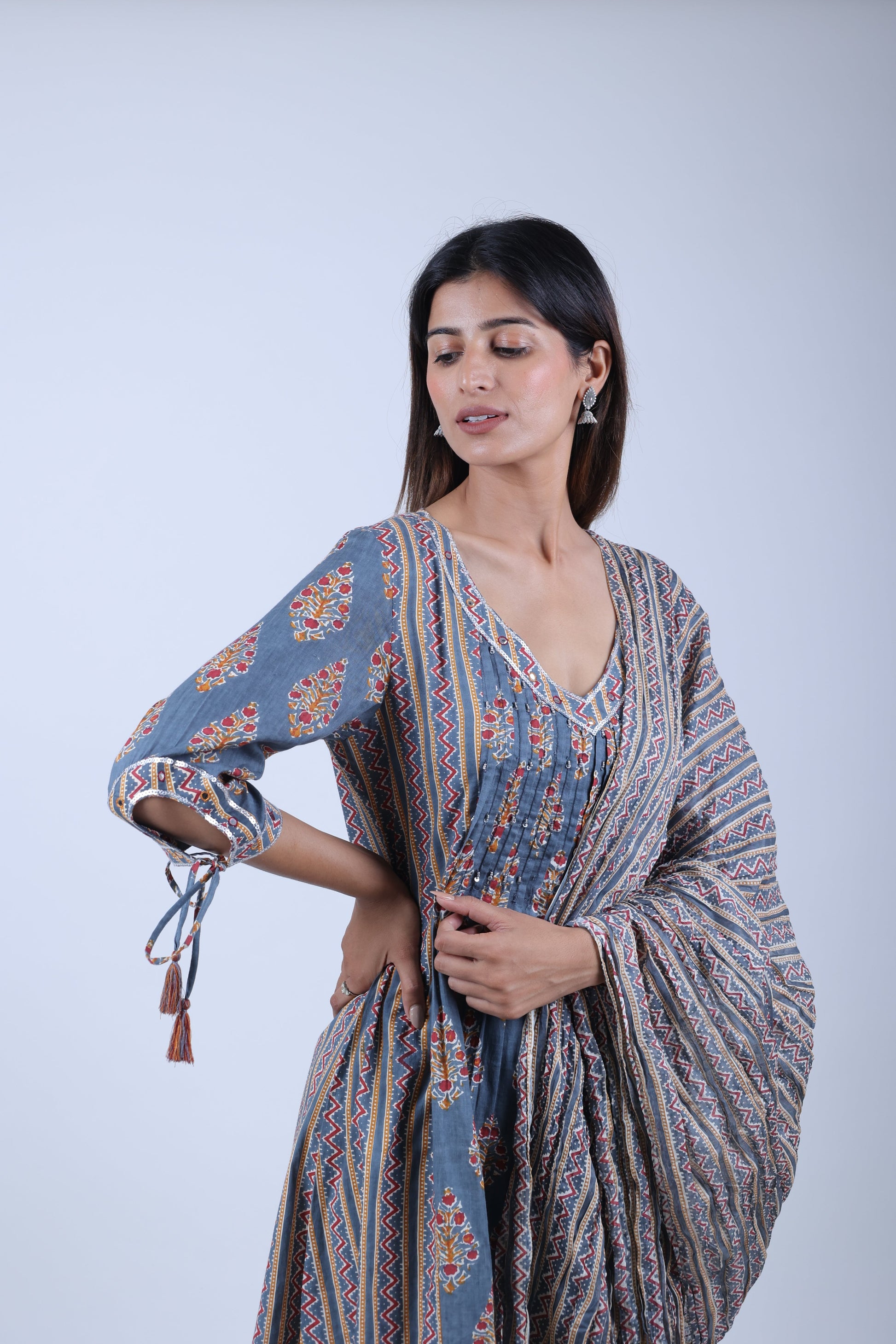 Three Piece Grey Printed Straight Kurta Set for Women with Dupatta and Pants - The Bebla