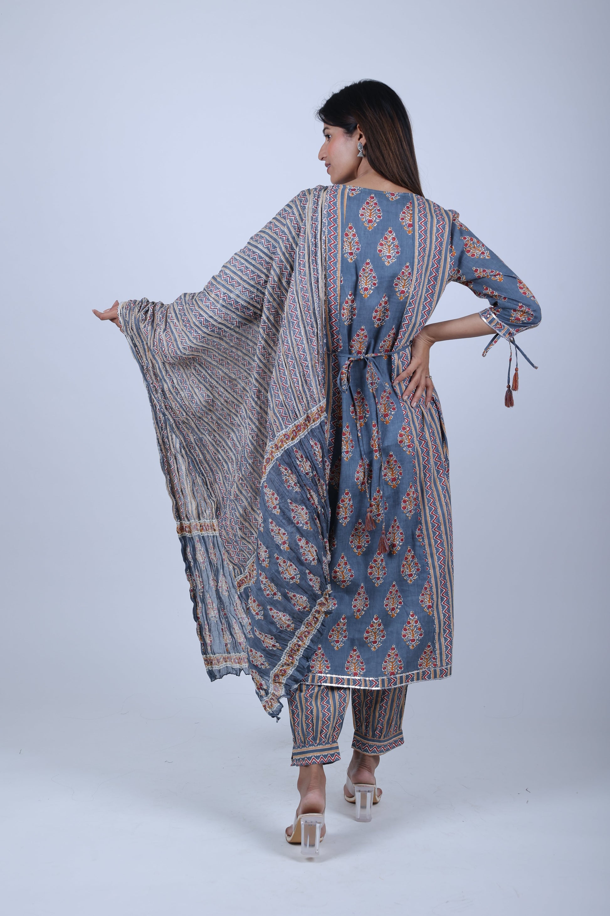 Three Piece Grey Printed Straight Kurta Set for Women with Dupatta and Pants - The Bebla