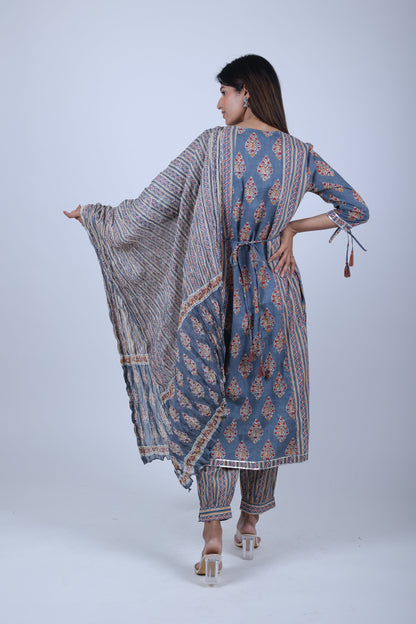 Three Piece Grey Printed Straight Kurta Set for Women with Dupatta and Pants - The Bebla