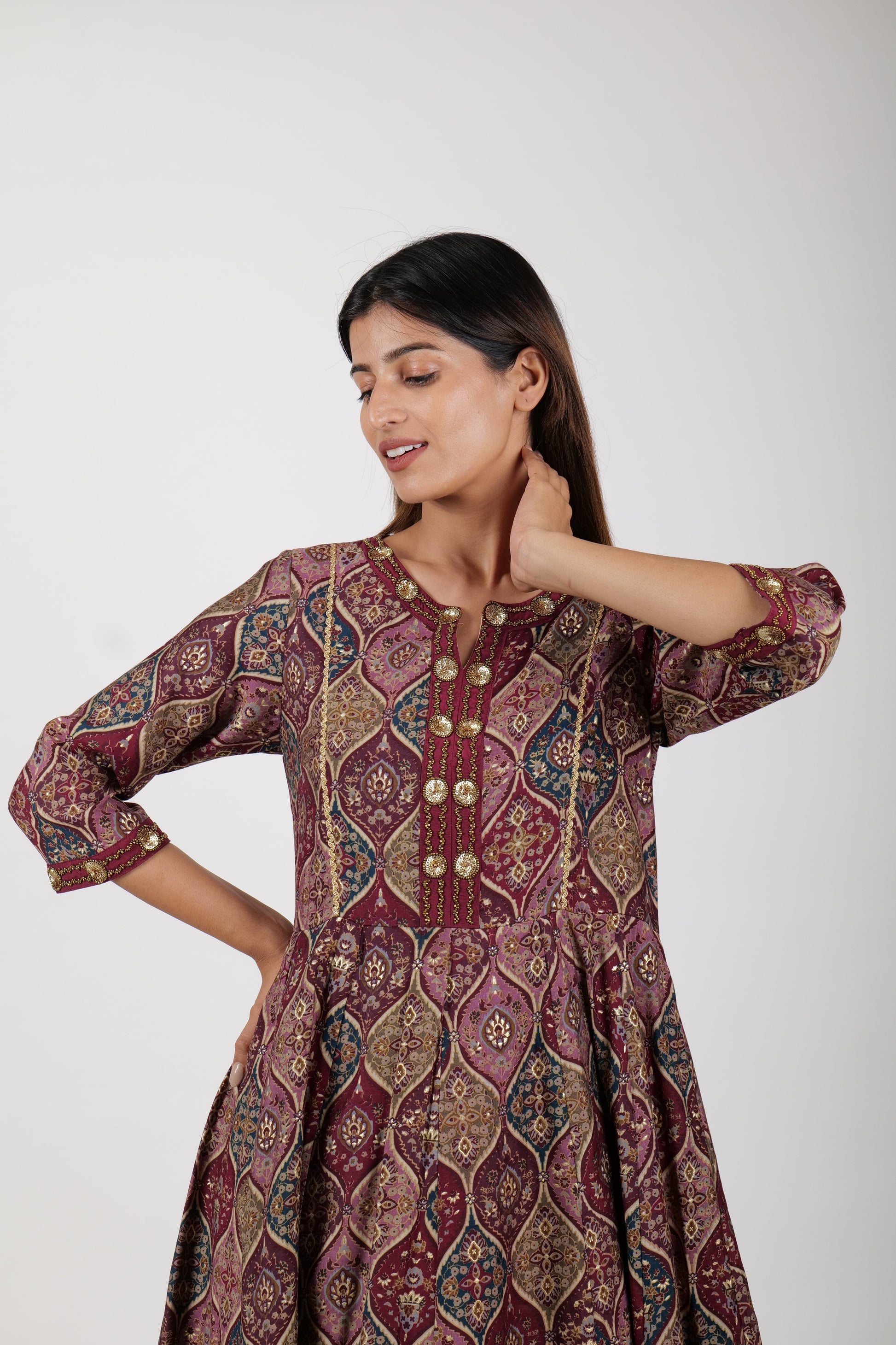 Three - Piece Printed Maroon Kurta Set for Women - The Bebla