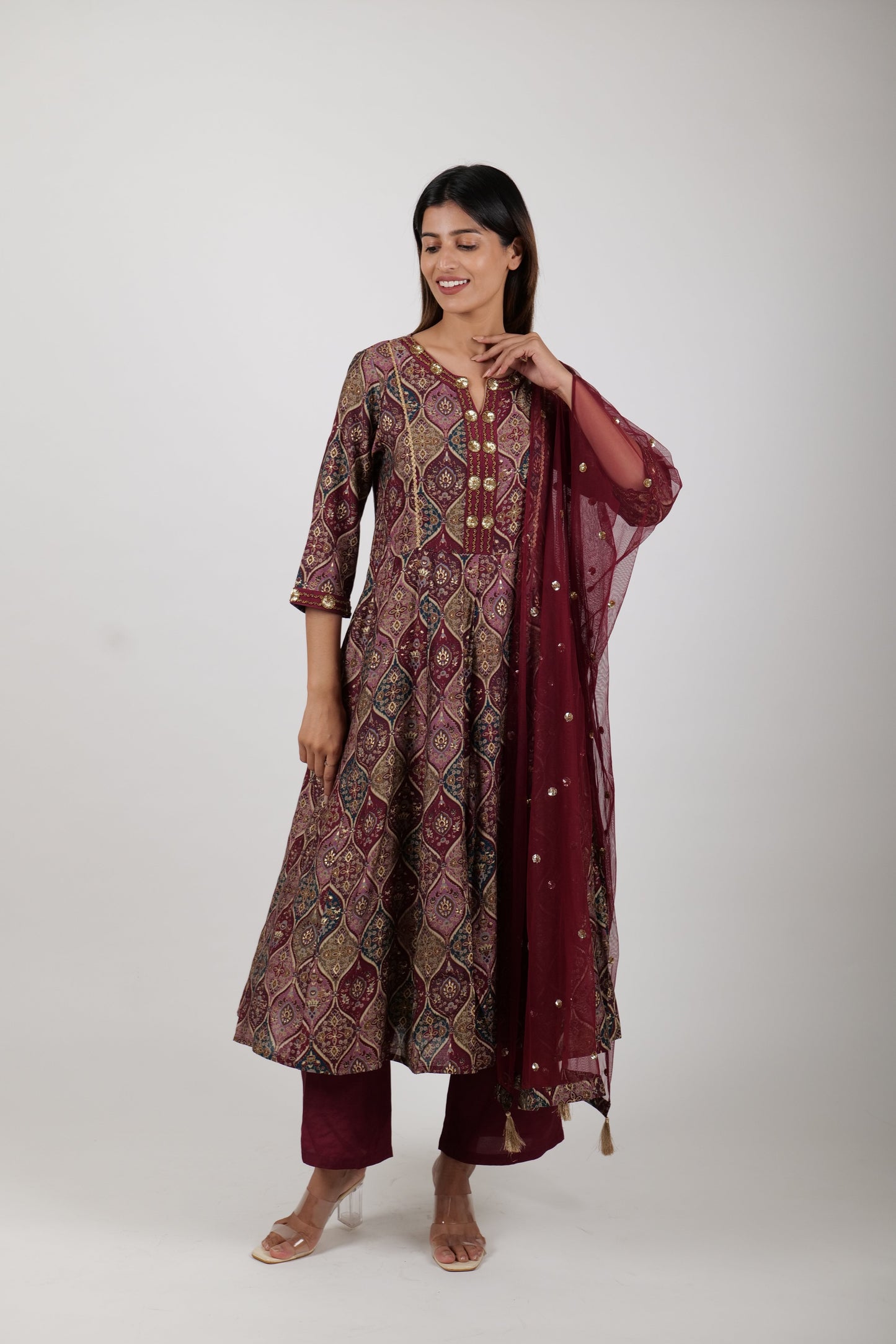 Three - Piece Printed Maroon Kurta Set for Women - The Bebla
