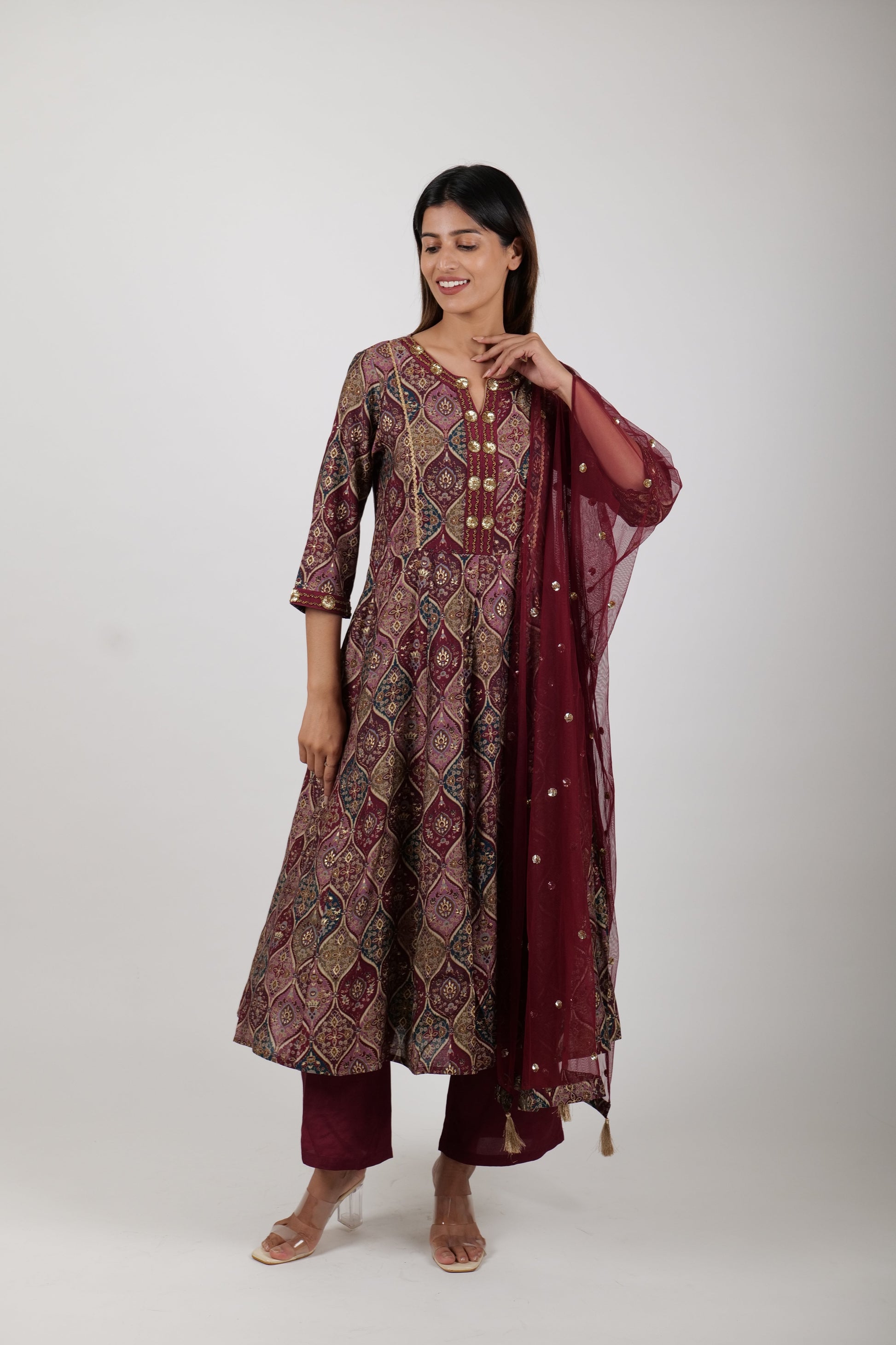 Three - Piece Printed Maroon Kurta Set for Women - The Bebla