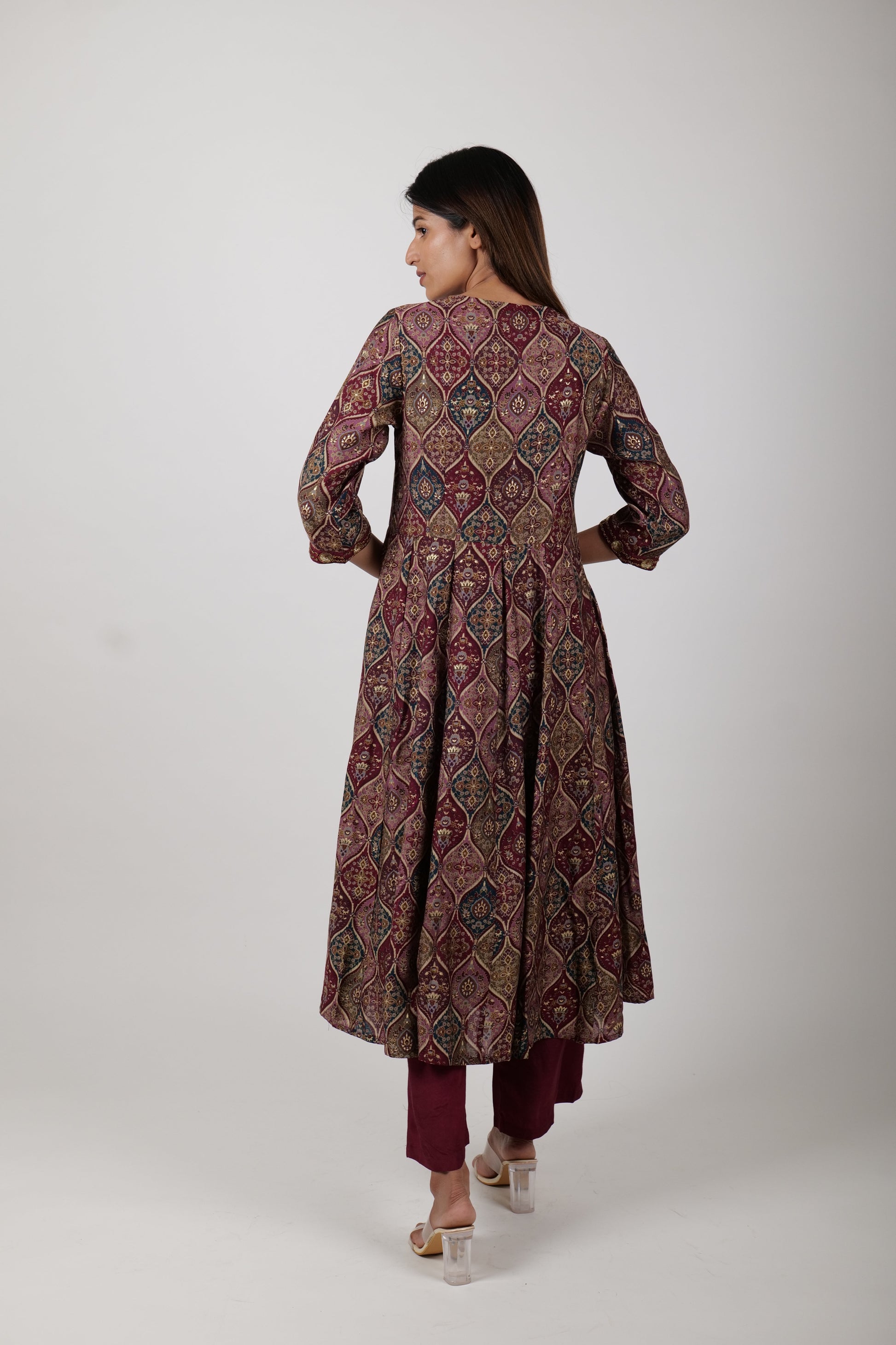 Three - Piece Printed Maroon Kurta Set for Women - The Bebla