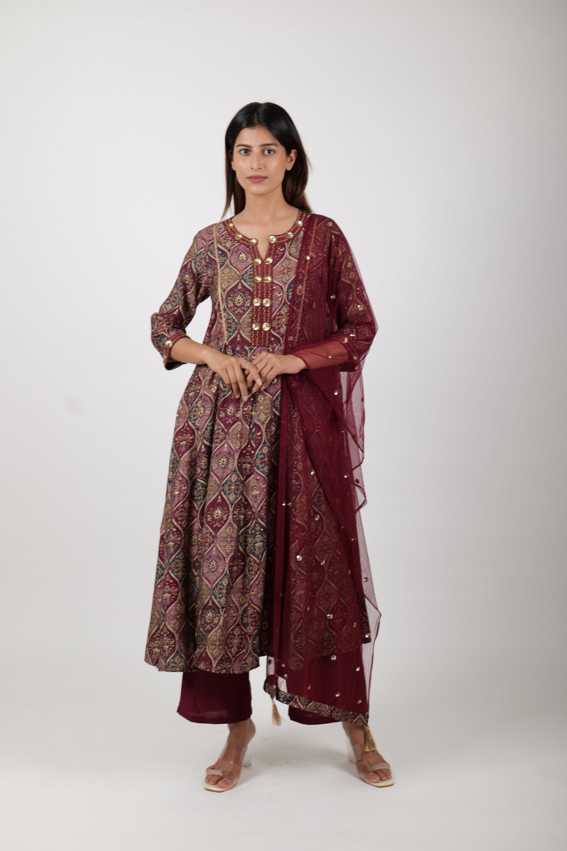 Three - Piece Printed Maroon Kurta Set for Women - The Bebla