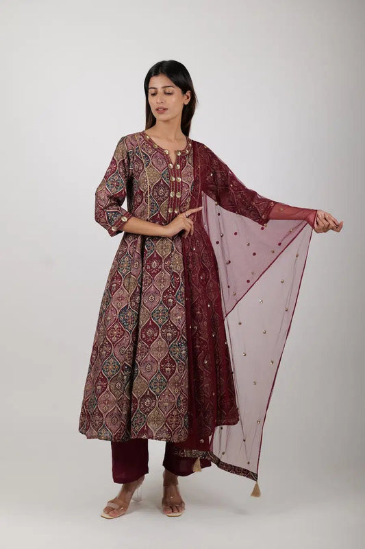 Three - Piece Printed Maroon Kurta Set for Women - The Bebla