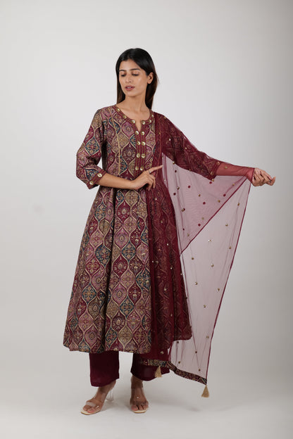 Three - Piece Printed Maroon Kurta Set for Women - The Bebla