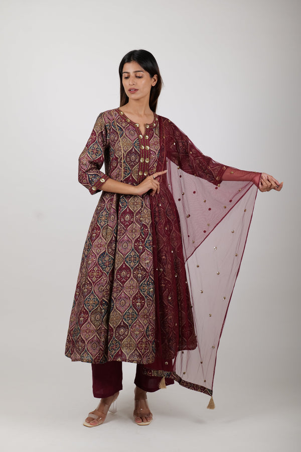 Three-Piece Printed Maroon Kurta Set for Women